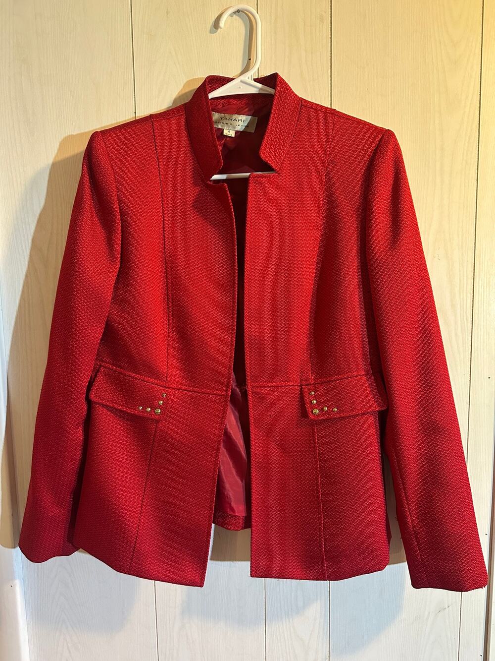 Tahari Arthur S. Levine Red Tweed Blazer Jacket Studded Pockets Stand Collar 8